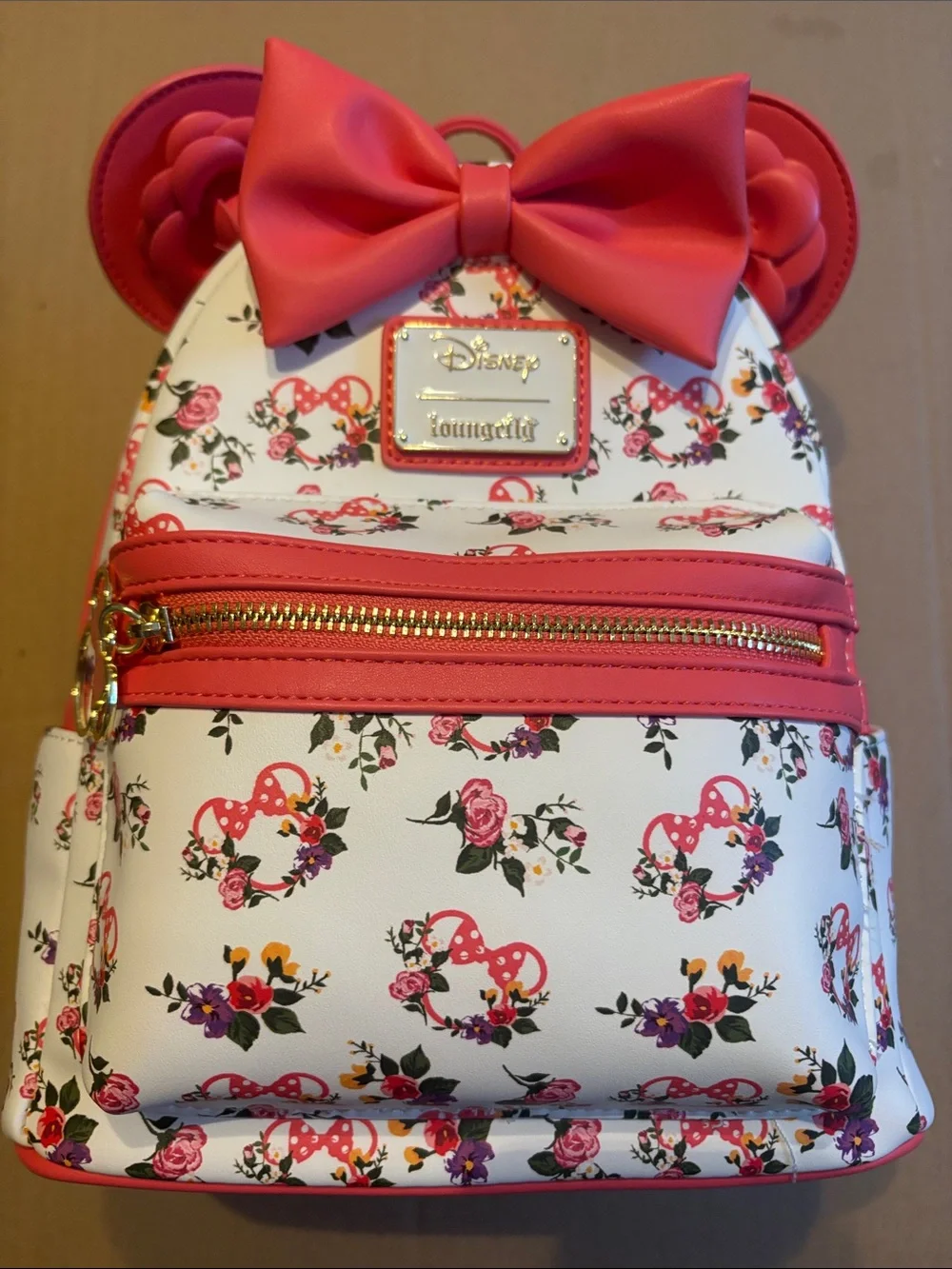 Loungefly White Floral Minnie Ear Mini Backpack with Pink Bow